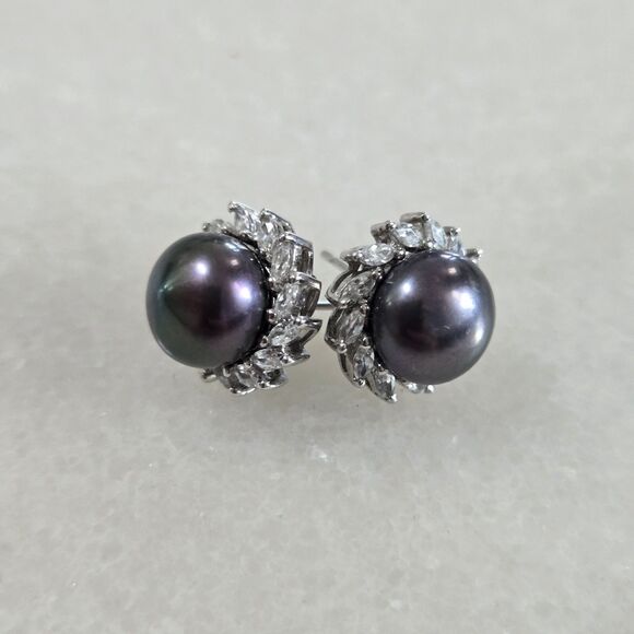 Silver 8 mm Tahitian Pearl Earrings - Picture 1 of 6